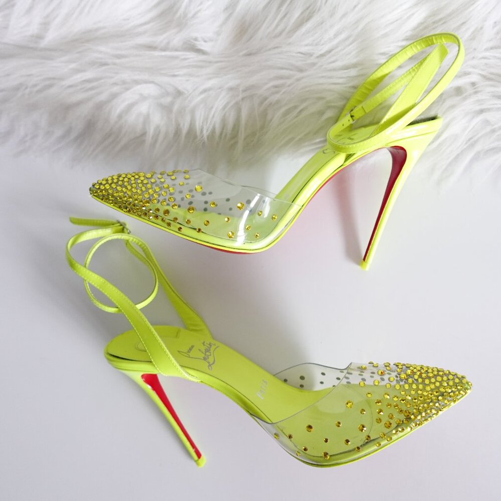Christian Louboutin Spikaqueen 100 Crystal Neon Yellow Green Clear Pumps Size 37 - Picture 3 of 16